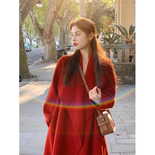 雙面羊毛大衣女2025冬季高級感聖誕紅色中長款系帶收腰毛呢外套女 雙面羊毛大衣女2025冬季高級感聖誕紅色中長款系帶收腰毛呢外套女