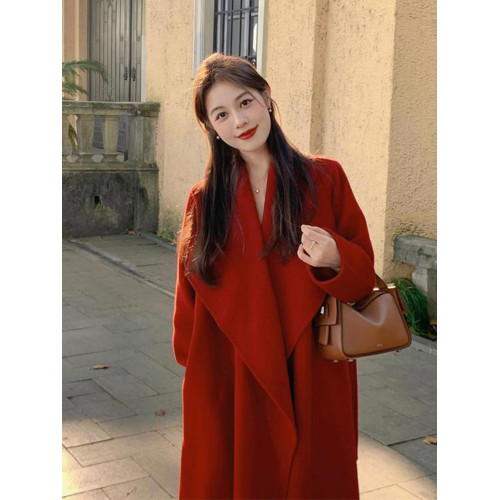 雙面羊毛大衣女2025冬季高級感聖誕紅色中長款系帶收腰毛呢外套女 雙面羊毛大衣女2025冬季高級感聖誕紅色中長款系帶收腰毛呢外套女