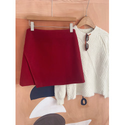 joycisfriday秋冬聖誕紅色高腰顯瘦A字不規則新年毛呢短裙本命年