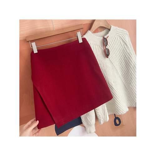 joycisfriday秋冬聖誕紅色高腰顯瘦A字不規則新年毛呢短裙本命年 joycisfriday秋冬聖誕紅色高腰顯瘦A字不規則新年毛呢短裙本命年