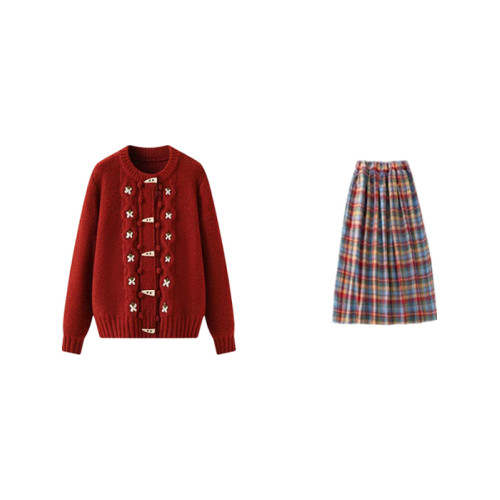 溫柔風甜美小個子穿搭一整套聖誕紅色毛衣外套格子半身裙兩件套裝 溫柔風甜美小個子穿搭一整套聖誕紅色毛衣外套格子半身裙兩件套裝