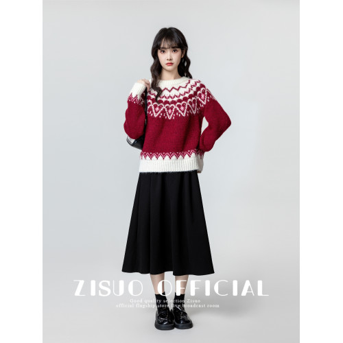 聖誕紅色費爾島毛衣女2025春秋新款設計感軟糯加厚套頭針織衫上衣