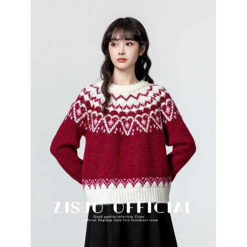 聖誕紅色費爾島毛衣女2025春秋新款設計感軟糯加厚套頭針織衫上衣