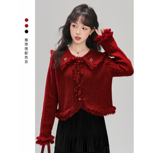 帛卡琪2025秋冬新款聖誕紅色開衫毛衣外套女毛邊設計針織衫短上衣