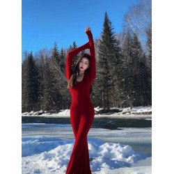 聖誕紅色連衣裙女新款打底秋冬修身顯瘦針織包臀裙內搭輕奢長裙0