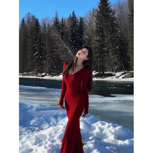 聖誕紅色連衣裙女新款打底秋冬修身顯瘦針織包臀裙內搭輕奢長裙0 聖誕紅色連衣裙女新款打底秋冬修身顯瘦針織包臀裙內搭輕奢長裙0