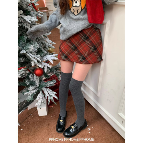 PPHOME自製~雙旦格子裙 毛呢格紋短裙冬季聖誕紅高腰A字半身短裙