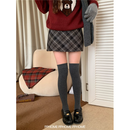 PPHOME自製~雙旦格子裙 毛呢格紋短裙冬季聖誕紅高腰A字半身短裙