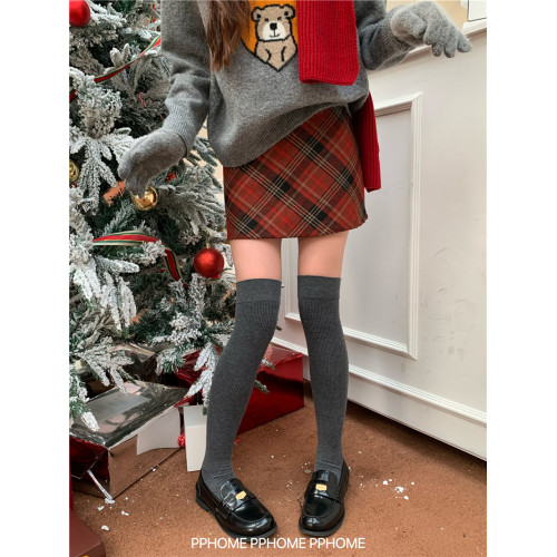 PPHOME自製~雙旦格子裙 毛呢格紋短裙冬季聖誕紅高腰A字半身短裙