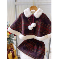 2024韓版女寶聖誕紅格子毛呢鬭篷短外套冬季新款外套半裙兩件套潮
