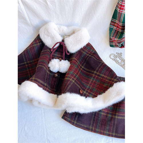 2024韓版女寶聖誕紅格子毛呢鬭篷短外套冬季新款外套半裙兩件套潮 2024韓版女寶聖誕紅格子毛呢鬭篷短外套冬季新款外套半裙兩件套潮