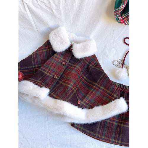2024韓版女寶聖誕紅格子毛呢鬭篷短外套冬季新款外套半裙兩件套潮 2024韓版女寶聖誕紅格子毛呢鬭篷短外套冬季新款外套半裙兩件套潮