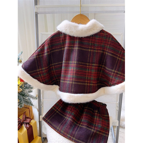 2024韓版女寶聖誕紅格子毛呢鬭篷短外套冬季新款外套半裙兩件套潮 2024韓版女寶聖誕紅格子毛呢鬭篷短外套冬季新款外套半裙兩件套潮