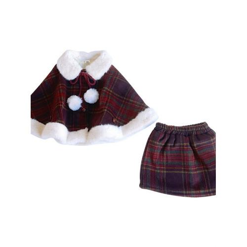 2024韓版女寶聖誕紅格子毛呢鬭篷短外套冬季新款外套半裙兩件套潮 2024韓版女寶聖誕紅格子毛呢鬭篷短外套冬季新款外套半裙兩件套潮