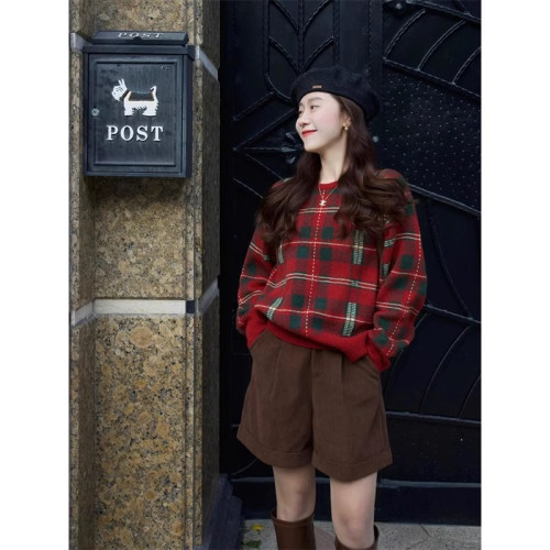 冬季穿搭一整套高級感大碼女裝聖誕紅色格子針織毛衣半身裙兩件套