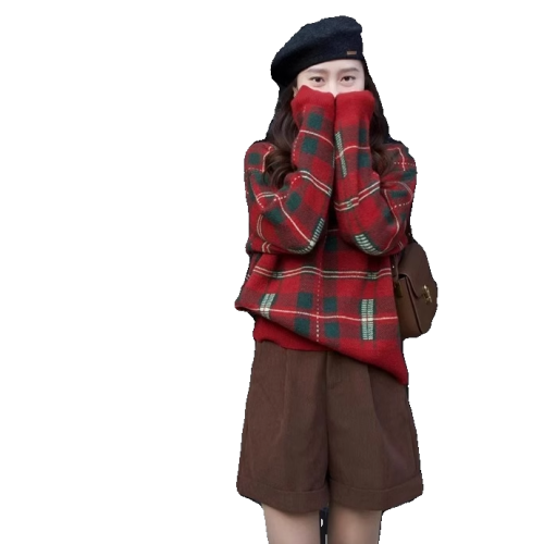 冬季穿搭一整套高級感大碼女裝聖誕紅色格子針織毛衣半身裙兩件套