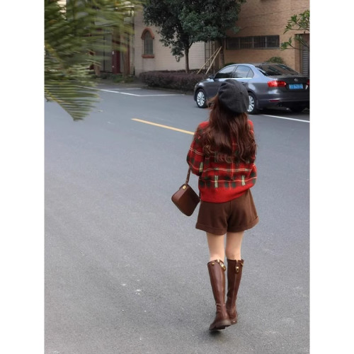 冬季穿搭一整套高級感大碼女裝聖誕紅色格子針織毛衣半身裙兩件套