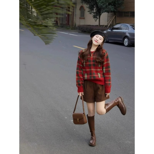 冬季穿搭一整套高級感大碼女裝聖誕紅色格子針織毛衣半身裙兩件套