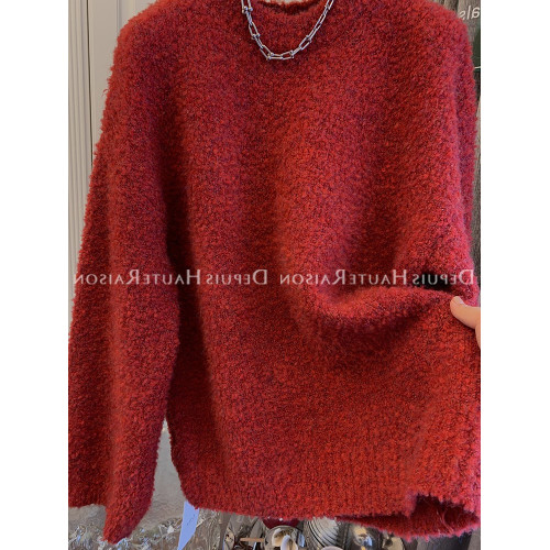 miu系穿搭圈圈絨聖誕紅色軟糯寬松大毛衣針織衫慵懶風圓領上衣女 miu系穿搭圈圈絨聖誕紅色軟糯寬松大毛衣針織衫慵懶風圓領上衣女