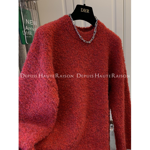 miu系穿搭圈圈絨聖誕紅色軟糯寬松大毛衣針織衫慵懶風圓領上衣女 miu系穿搭圈圈絨聖誕紅色軟糯寬松大毛衣針織衫慵懶風圓領上衣女