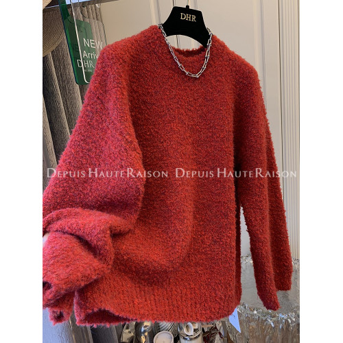 miu系穿搭圈圈絨聖誕紅色軟糯寬松大毛衣針織衫慵懶風圓領上衣女 miu系穿搭圈圈絨聖誕紅色軟糯寬松大毛衣針織衫慵懶風圓領上衣女