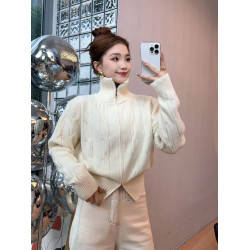 新年聖誕紅色高領雙拉鍊針織開衫秋冬慵懶軟糯毛衣紐釦外套女上衣