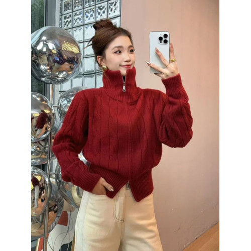 新年聖誕紅色高領雙拉鍊針織開衫秋冬慵懶軟糯毛衣紐釦外套女上衣