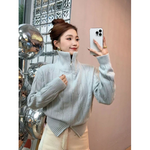 新年聖誕紅色高領雙拉鍊針織開衫秋冬慵懶軟糯毛衣紐釦外套女上衣