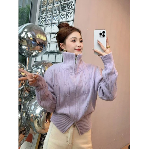 新年聖誕紅色高領雙拉鍊針織開衫秋冬慵懶軟糯毛衣紐釦外套女上衣