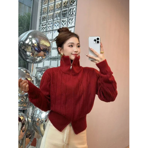 新年聖誕紅色高領雙拉鍊針織開衫秋冬慵懶軟糯毛衣紐釦外套女上衣