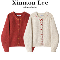 XinmonLee法式復古軟糯虛線絲絨釦圓領開衫冬季聖誕紅色毛衣外套