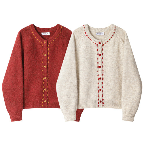 XinmonLee法式復古軟糯虛線絲絨釦圓領開衫冬季聖誕紅色毛衣外套 XinmonLee法式復古軟糯虛線絲絨釦圓領開衫冬季聖誕紅色毛衣外套