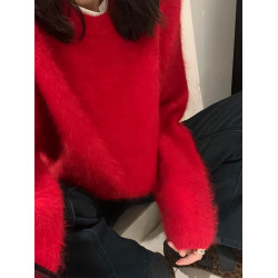 新年聖誕紅色水貂絨套頭毛衣女冬季慵懶風寬松內搭打底馬海毛上衣
