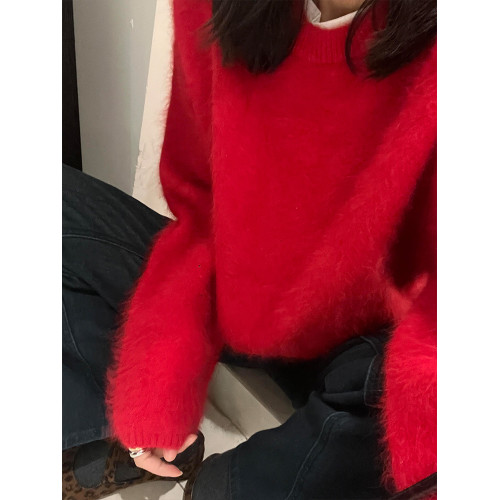 新年聖誕紅色水貂絨套頭毛衣女冬季慵懶風寬松內搭打底馬海毛上衣