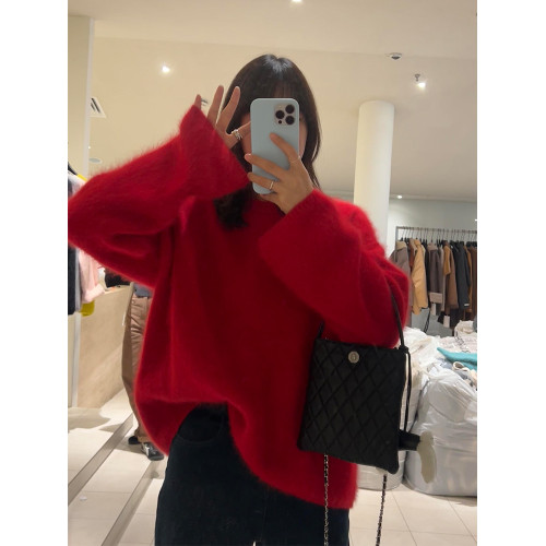 新年聖誕紅色水貂絨套頭毛衣女冬季慵懶風寬松內搭打底馬海毛上衣