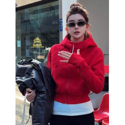 聖誕紅加絨加厚連帽收腰短款衛衣外套女2024冬季新款收腰開衫上衣