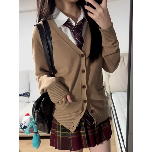 春秋jk製服套裝開衫毛衣女日系學院風V領長袖針織衫聖誕紅色格裙