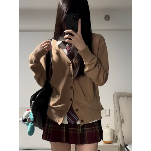 春秋jk製服套裝開衫毛衣女日系學院風V領長袖針織衫聖誕紅色格裙