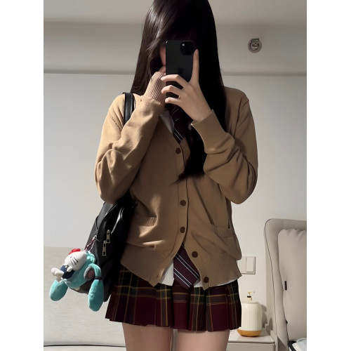 春秋jk製服套裝開衫毛衣女日系學院風V領長袖針織衫聖誕紅色格裙