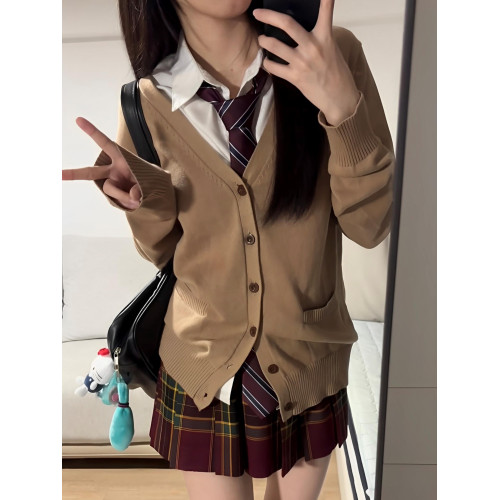 春秋jk製服套裝開衫毛衣女日系學院風V領長袖針織衫聖誕紅色格裙