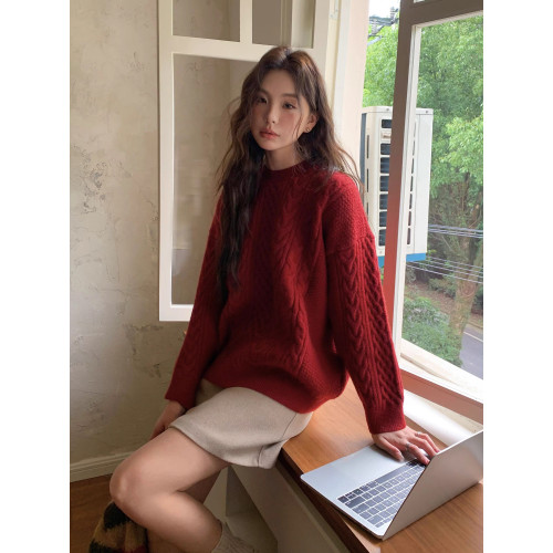 新年紅！慵嬾風加厚麻花毛衣女秋冬聖誕紅寬鬆顯瘦針織衫長袖上衣