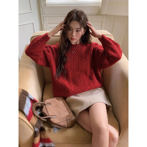 新年紅！慵嬾風加厚麻花毛衣女秋冬聖誕紅寬鬆顯瘦針織衫長袖上衣