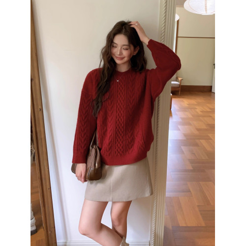 新年紅！慵嬾風加厚麻花毛衣女秋冬聖誕紅寬鬆顯瘦針織衫長袖上衣