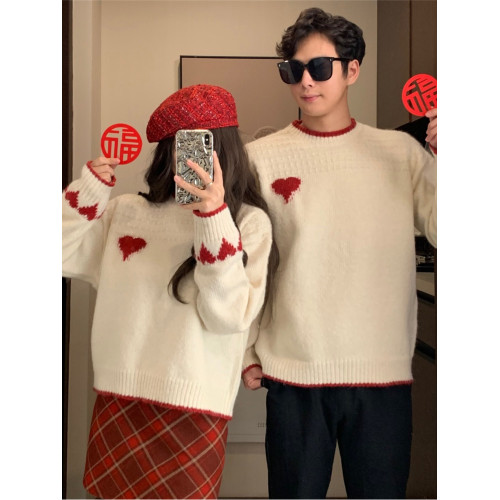 情侶裝秋冬季新款超火套頭聖誕紅色愛心毛衣針織衫領証登記衣服 情侶裝秋冬季新款超火套頭聖誕紅色愛心毛衣針織衫領証登記衣服