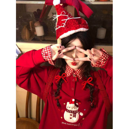 聖誕紅色卡通刺綉POIO領衛衣女秋冬加絨加厚設計感寬松假兩件上衣 聖誕紅色卡通刺綉POIO領衛衣女秋冬加絨加厚設計感寬松假兩件上衣