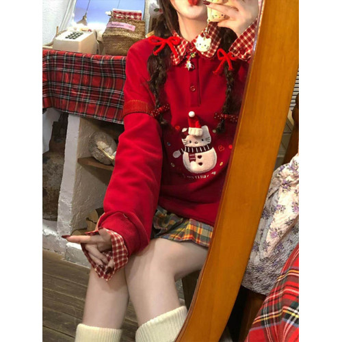 聖誕紅色卡通刺綉POIO領衛衣女秋冬加絨加厚設計感寬松假兩件上衣 聖誕紅色卡通刺綉POIO領衛衣女秋冬加絨加厚設計感寬松假兩件上衣