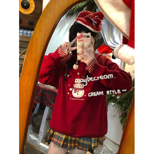 聖誕紅色卡通刺綉POIO領衛衣女秋冬加絨加厚設計感寬松假兩件上衣 聖誕紅色卡通刺綉POIO領衛衣女秋冬加絨加厚設計感寬松假兩件上衣