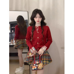 格紋拼接聖誕紅色毛衣女秋冬新款慵懶學院風休閒絞花開衫外套上衣