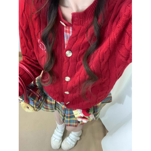 格紋拼接聖誕紅色毛衣女秋冬新款慵懶學院風休閒絞花開衫外套上衣 格紋拼接聖誕紅色毛衣女秋冬新款慵懶學院風休閒絞花開衫外套上衣