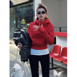 聖誕紅連帽加絨加厚衛衣外套女2024冬季新款休閒百搭短開衫上衣潮